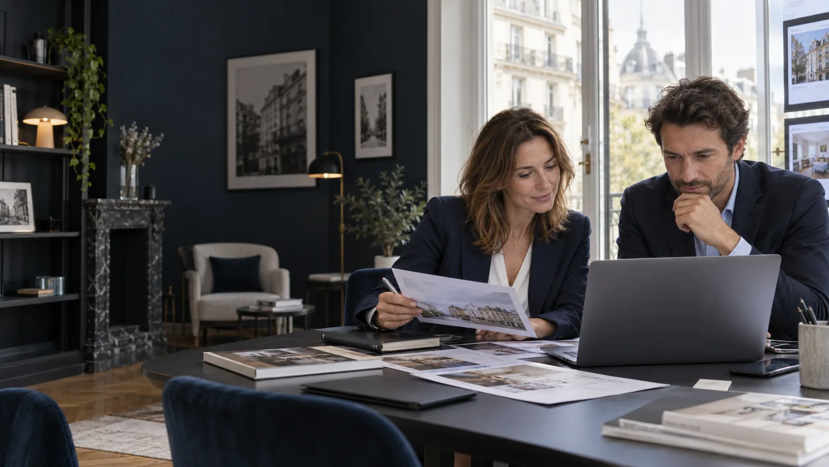 Deux professionnels de l'immobilier préparent ensemble un dossier de vente